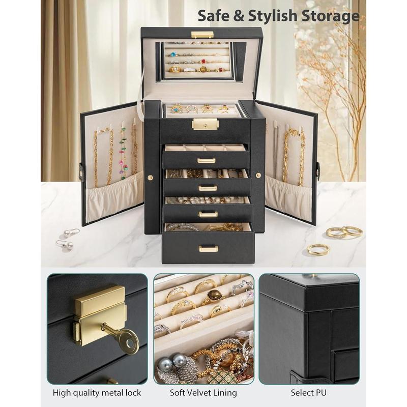 5-Tier Jewelry Box Leather Jewelry Storage Organizer with 4 Drawers Lockable for Women Girls Ring Necklace Earring Bracelet Watches Holder with Mirror Black