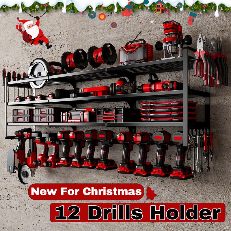 Hausneed Power Tool Organizer Wall,Cordless Drill Hanger Storage Rack 12 Drill Holder,4 Layers Heavy Duty Tool Storage Rack,Adjustable Shelf Garage Hangable