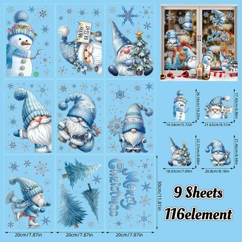 Snowman & Christmas Gnome Pattern Window Sticker, 9 Sheets set Merry Christmas Themed Window Decal, Decorative Sticker for Home Party Festival