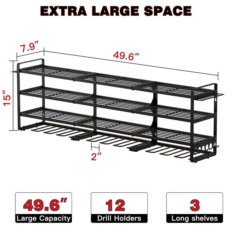 Hausneed Power Tool Organizer Wall,Cordless Drill Hanger Storage Rack 12 Drill Holder,4 Layers Heavy Duty Tool Storage Rack,Adjustable Shelf Garage Hangable