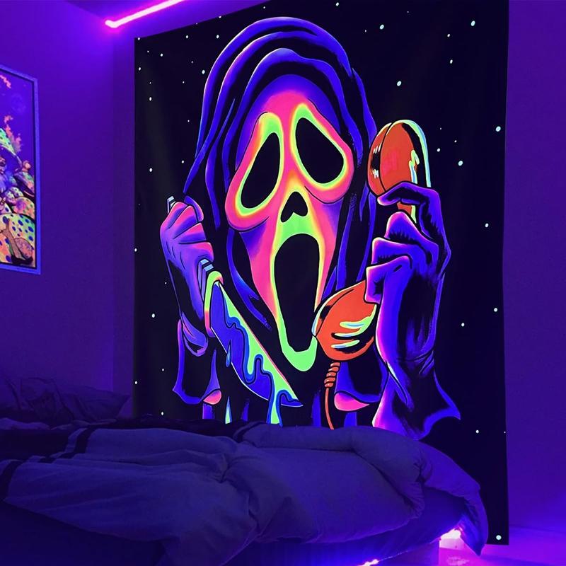 Horror Ghost Face Blacklight Tapestry, UV Reactive Tapestries Wall Hanging, Glow in The Dark Party Backdrop Tapestry for Bedroom, Living Room