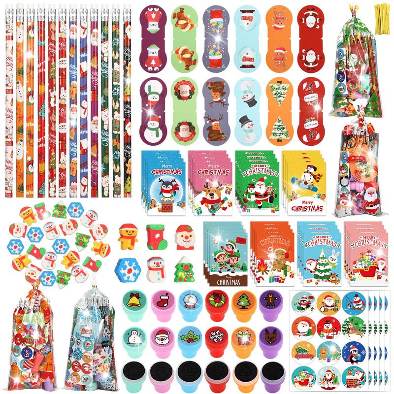 240Pcs Christmas Stationery Party Favors Bulk for Gift Exchange School Set Includes Christmas Pencils Treat Bags Erasers Stickers Stamps Notebooks for Holiday Classroom Gift Exchange Games Prizes christmas decorations