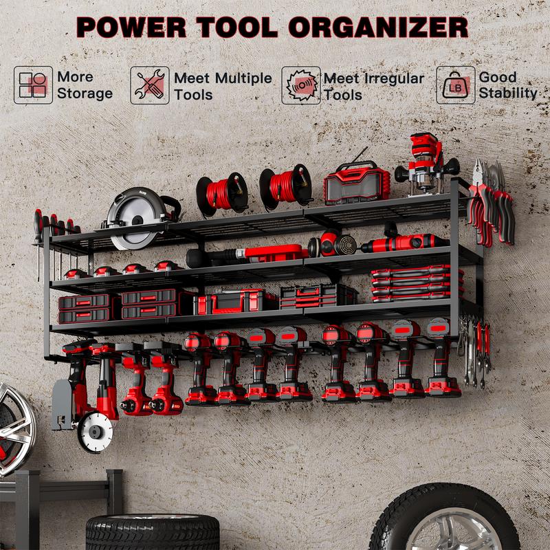 Hausneed Power Tool Organizer Wall,Cordless Drill Hanger Storage Rack 12 Drill Holder,4 Layers Heavy Duty Tool Storage Rack,Adjustable Shelf Garage Hangable