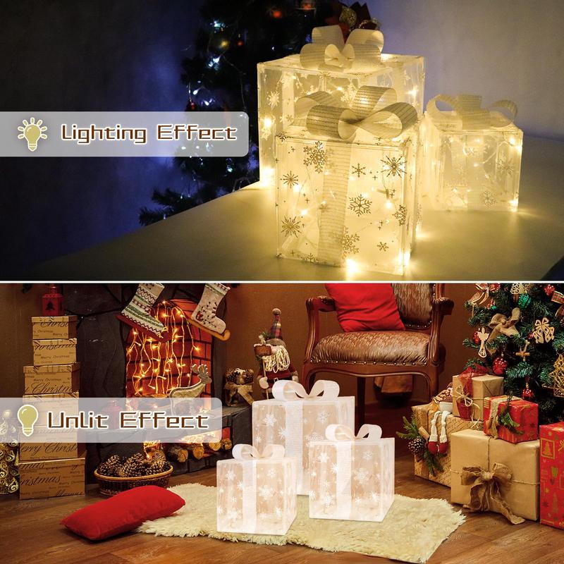 PEMOTech Large Christmas Lighted Gift Boxes Set of 3 LED Ornaments for Christmas Tree and Home Yard Decoration Removable Snowflake Decor