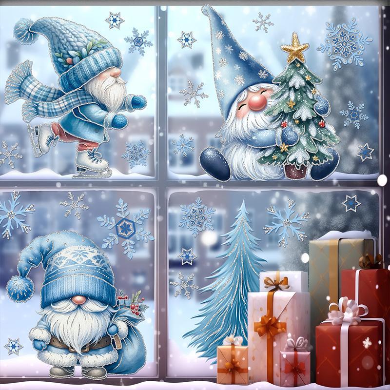 Snowman & Christmas Gnome Pattern Window Sticker, 9 Sheets set Merry Christmas Themed Window Decal, Decorative Sticker for Home Party Festival