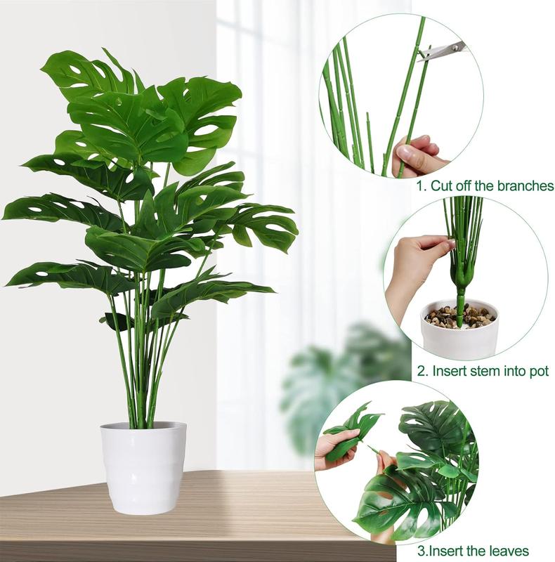 Set of 2 Artificial Monstera Deliciosa Plants in Pots - 28 Inch Fake Tropical Palm Tree for Home Bathroom, Office, Windowsill Decor