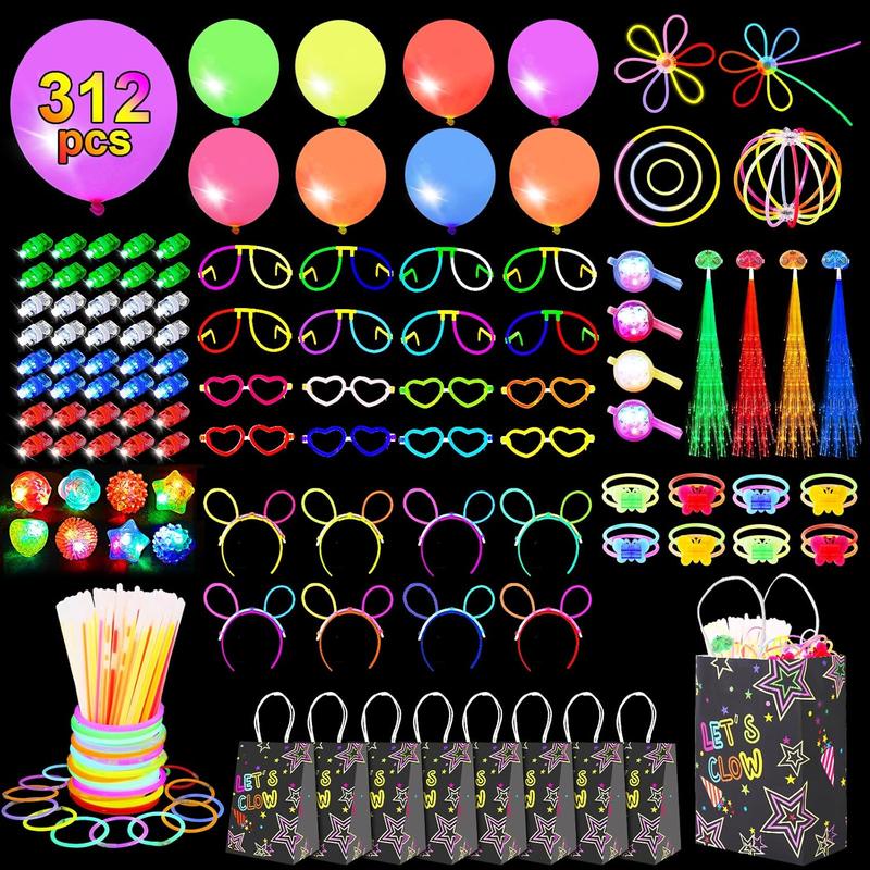 312PCS Glow in the Dark Party Supplies, Light Up Party Favors with 40 finger lights, LED Neon balloons, LED Whistle, 100 Glow Sticks Bulk DIY Glow Necklaces Glasses, Neon Party Supplies & Decorations