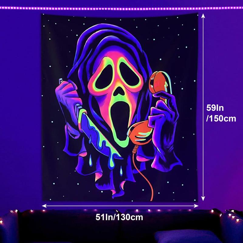 Horror Ghost Face Blacklight Tapestry, UV Reactive Tapestries Wall Hanging, Glow in The Dark Party Backdrop Tapestry for Bedroom, Living Room