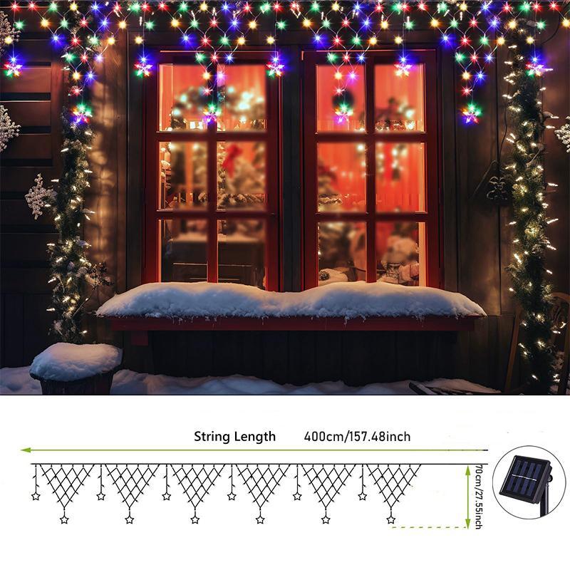 Solar Powered Christmas String Light, Dimmable Curtain Fairy Light with 8 Modes & Timer, IP55 Waterproof LED String Light for Wedding Party Holiday Decor