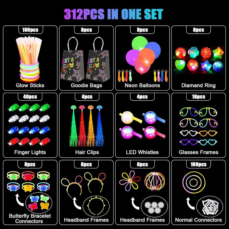 312PCS Glow in the Dark Party Supplies, Light Up Party Favors with 40 finger lights, LED Neon balloons, LED Whistle, 100 Glow Sticks Bulk DIY Glow Necklaces Glasses, Neon Party Supplies & Decorations