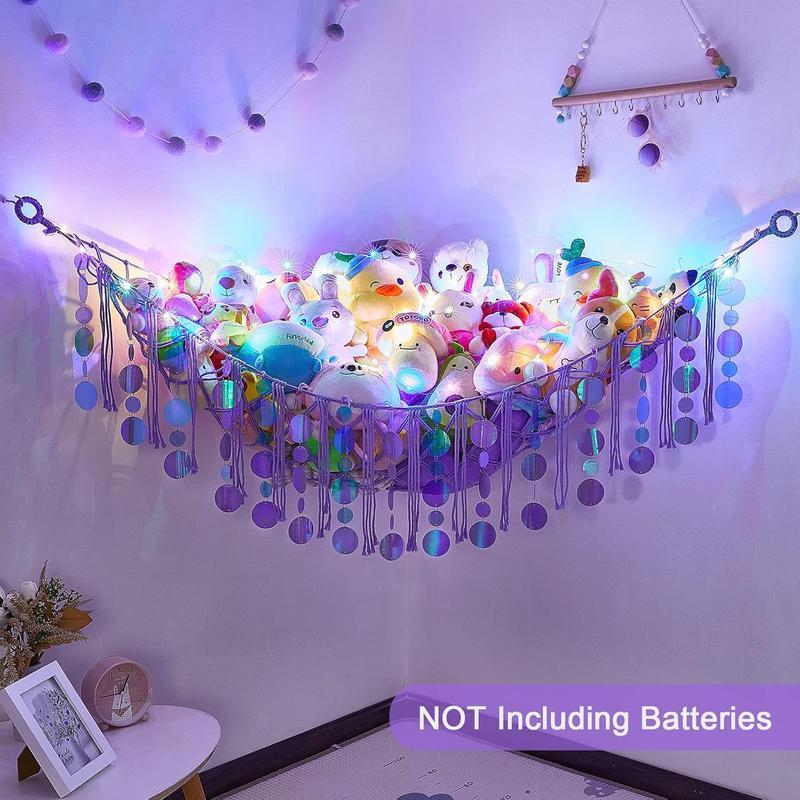 LED Lighted Stuffed Hammock Net Storage - Purple Sequins Wall Hanging for Girls' Room Decor Mirror