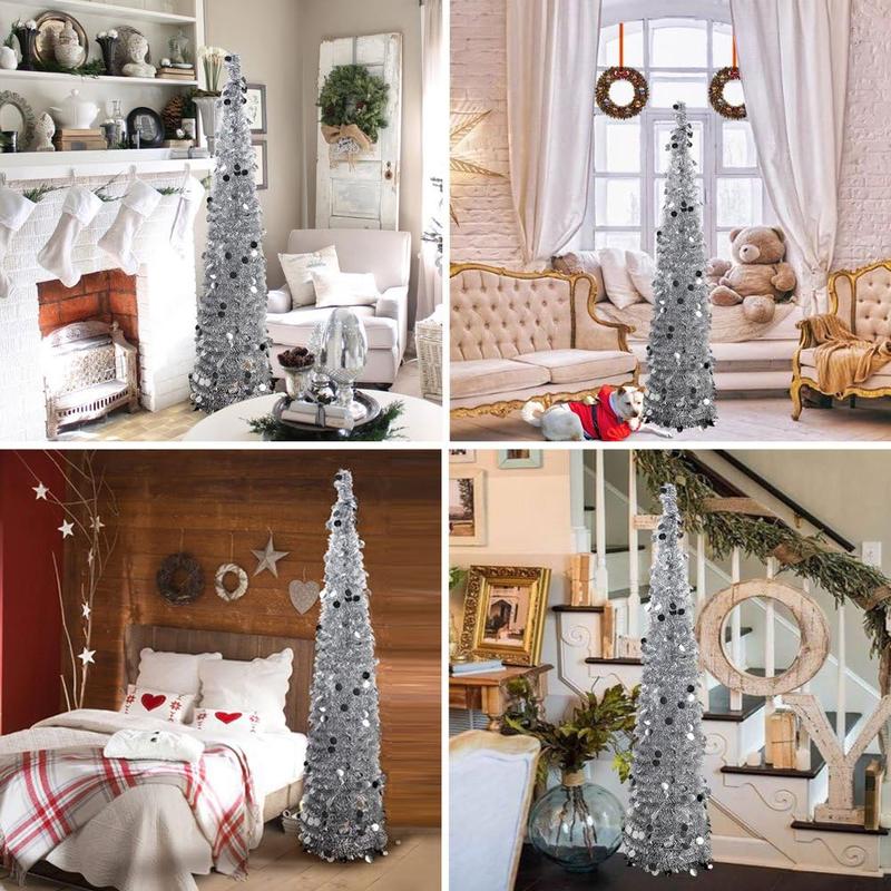 PartyTalk 5ft Pop Up Christmas Tree with Stand, Silver Tinsel Collapsible Artificial Christmas Tree for Holiday Christmas Home Decorations Ornaments