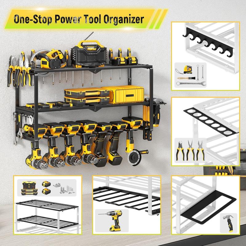 Power Tool Organizer Wall Mount - 150Lbs Load 3 Layers Storage Rack with 7 Drill Holders for Drills Cordless Tools. Heavy Duty Iron Garage Tool Organizer Storage for Workshop Shed Pegboard Basement