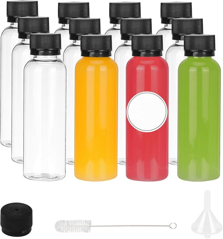 2oz Shot Bottles with Caps, 12 count Plastic Juice Bottles, Reusable Leak-proof Containers with Cap for Juices, Ginger Shot, Smoothie and Other Liquids