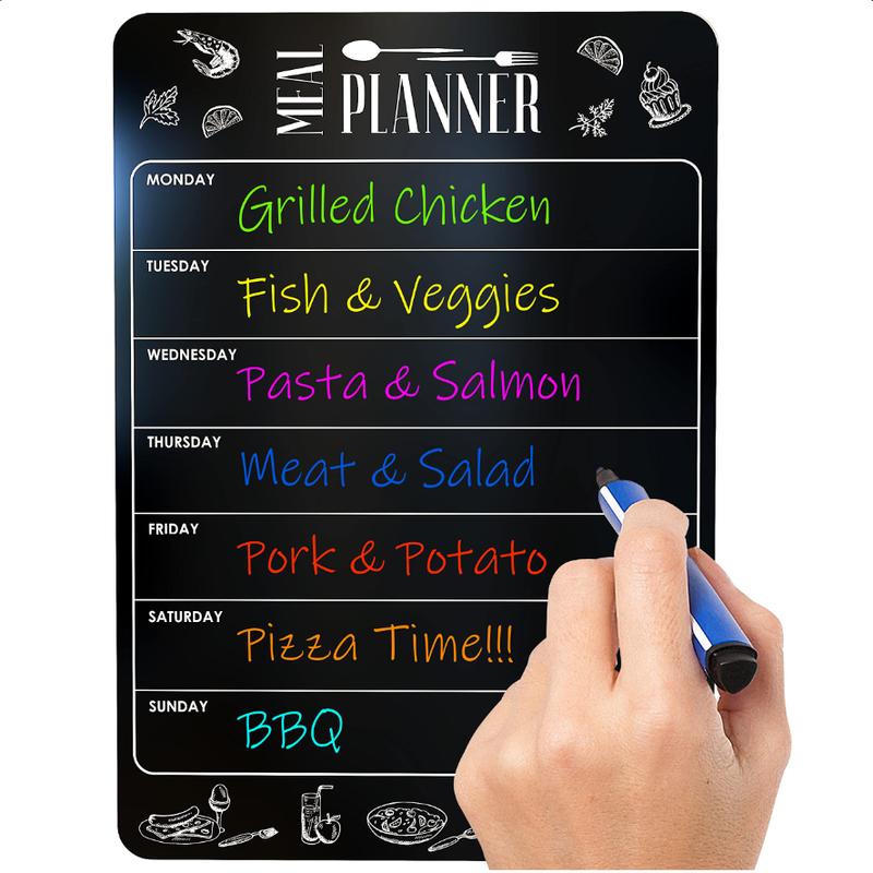 Weekly Dinner Menu Board for Kitchen A4-8.5x12 Black Magnetic Weekly Meal Planner for Fridge Dry Erase Weekly Menu Board Magnetic Menu for Refrigerator Food Menu Board Weekly Chalkboard Menu Board