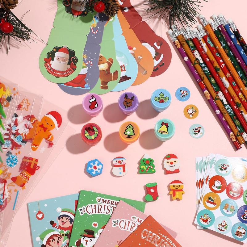 240Pcs Christmas Stationery Party Favors Bulk for Gift Exchange School Set Includes Christmas Pencils Treat Bags Erasers Stickers Stamps Notebooks for Holiday Classroom Gift Exchange Games Prizes christmas decorations