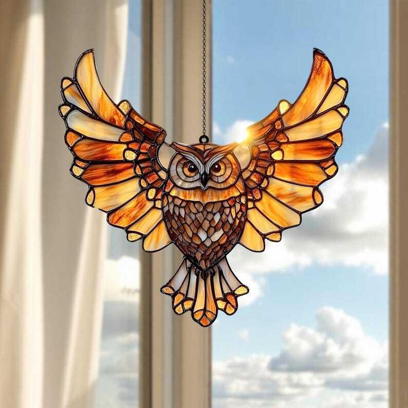 Flying Owl acrylic suncatcher Window Hanging Gothic Owl Halloween Decor, Owl Lover Gift, Bird Home Decor, Bird Lover Gift, Owl Window Art