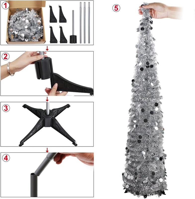 PartyTalk 5ft Pop Up Christmas Tree with Stand, Silver Tinsel Collapsible Artificial Christmas Tree for Holiday Christmas Home Decorations Ornaments