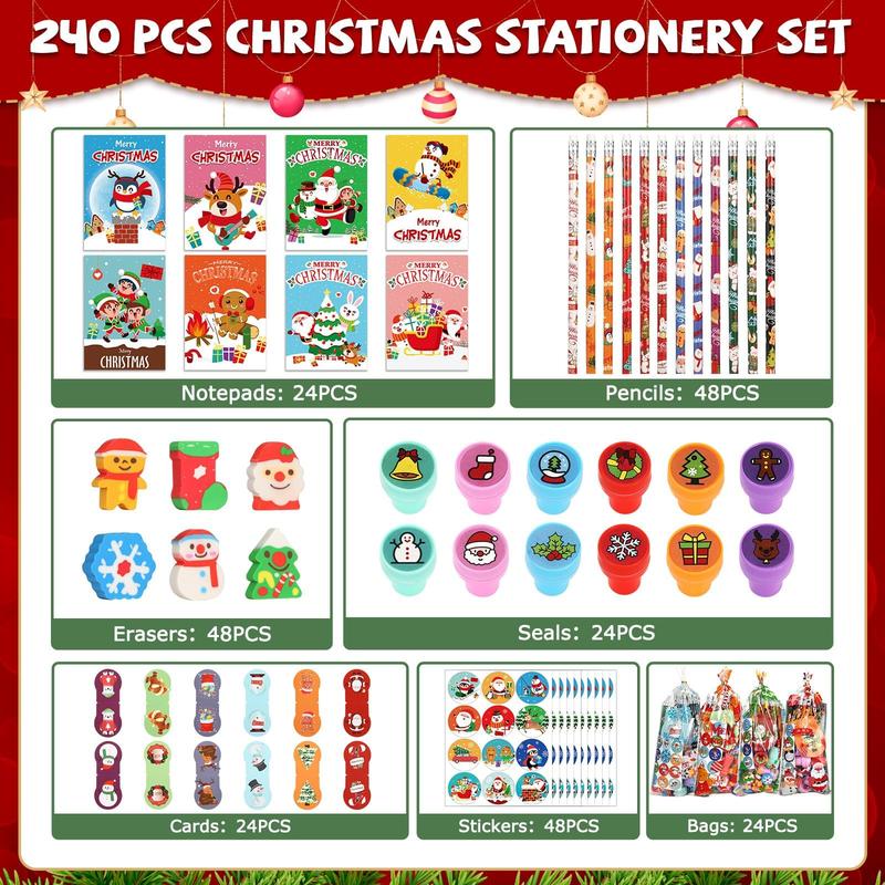 240Pcs Christmas Stationery Party Favors Bulk for Gift Exchange School Set Includes Christmas Pencils Treat Bags Erasers Stickers Stamps Notebooks for Holiday Classroom Gift Exchange Games Prizes christmas decorations