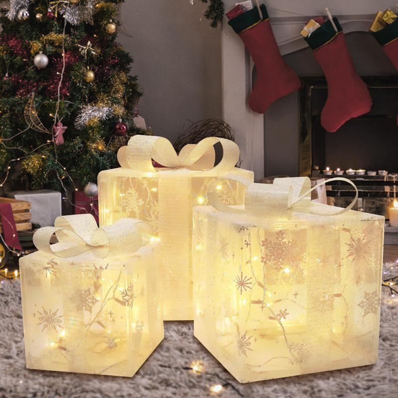 PEMOTech Large Christmas Lighted Gift Boxes Set of 3 LED Ornaments for Christmas Tree and Home Yard Decoration Removable Snowflake Decor