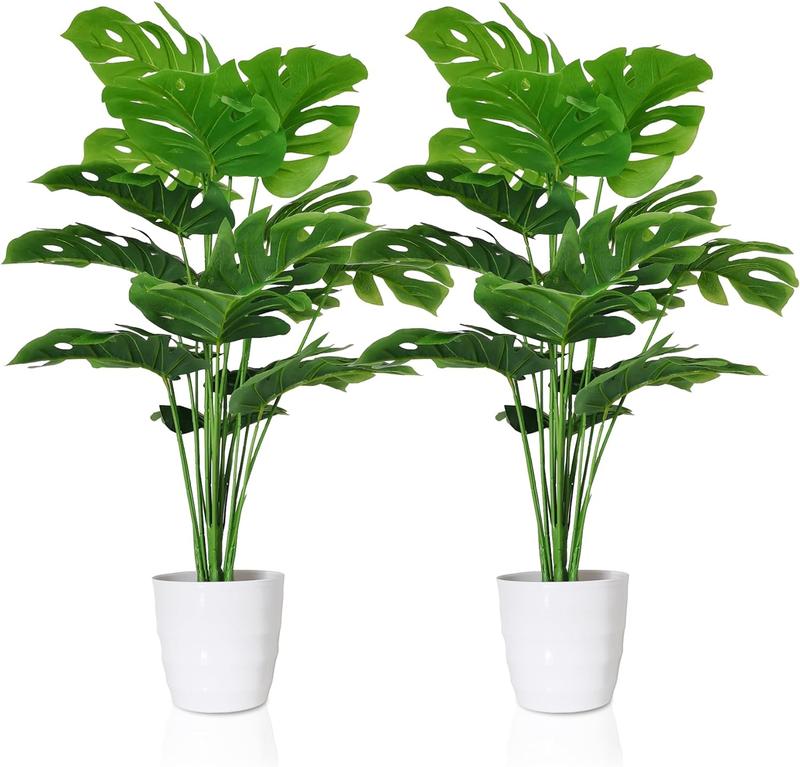 Set of 2 Artificial Monstera Deliciosa Plants in Pots - 28 Inch Fake Tropical Palm Tree for Home Bathroom, Office, Windowsill Decor