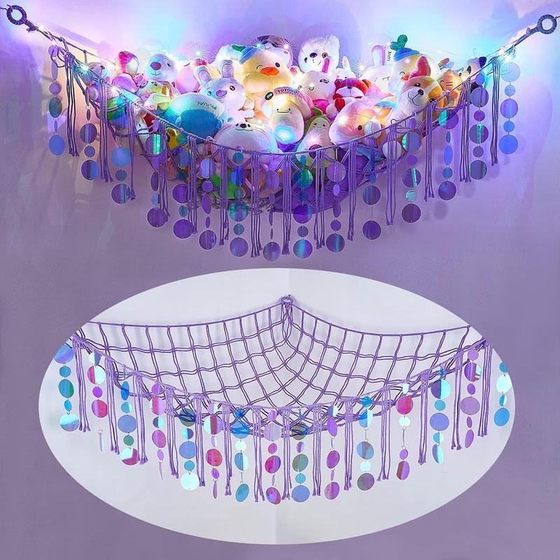 LED Lighted Stuffed Hammock Net Storage - Purple Sequins Wall Hanging for Girls' Room Decor Mirror