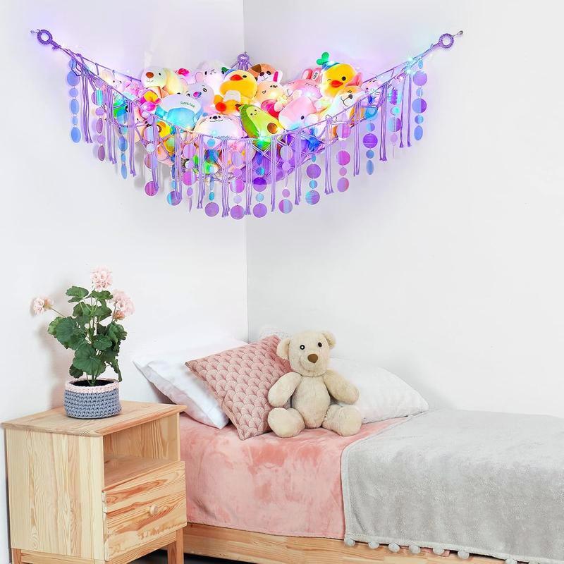 LED Lighted Stuffed Hammock Net Storage - Purple Sequins Wall Hanging for Girls' Room Decor Mirror