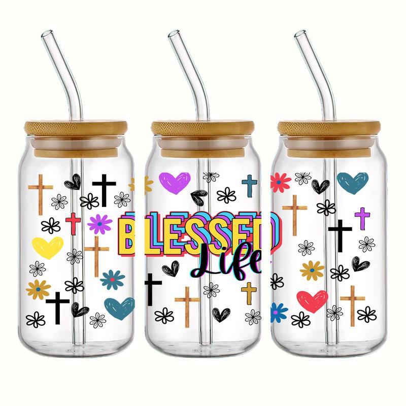 Letter & Cross Pattern UV DTF Cup Wrap Transfer for Glass, 5 Counts set UV DTF Transfer Self Adhesive Stickers, Rub on Transfers Sticker for Glass Cup