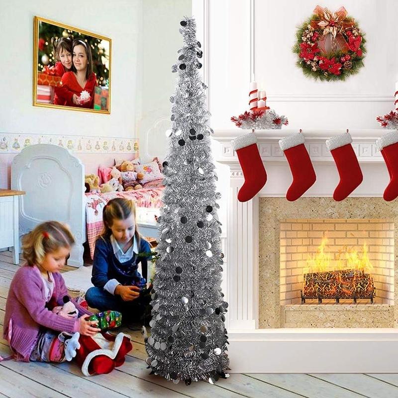 PartyTalk 5ft Pop Up Christmas Tree with Stand, Silver Tinsel Collapsible Artificial Christmas Tree for Holiday Christmas Home Decorations Ornaments