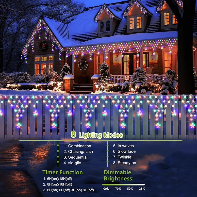 Solar Powered Christmas String Light, Dimmable Curtain Fairy Light with 8 Modes & Timer, IP55 Waterproof LED String Light for Wedding Party Holiday Decor