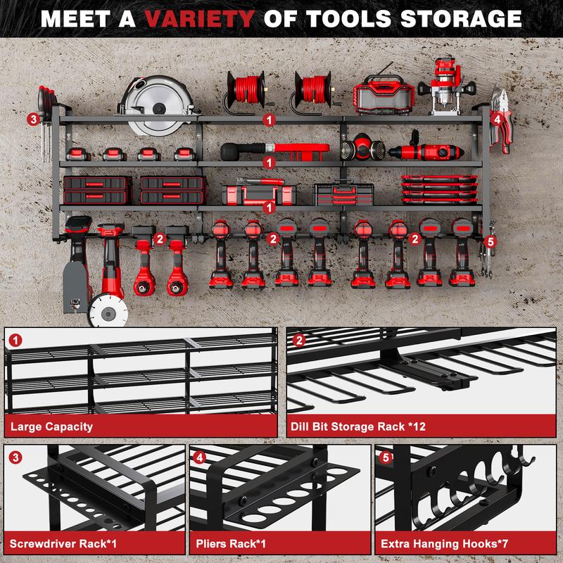 Hausneed Power Tool Organizer Wall,Cordless Drill Hanger Storage Rack 12 Drill Holder,4 Layers Heavy Duty Tool Storage Rack,Adjustable Shelf Garage Hangable