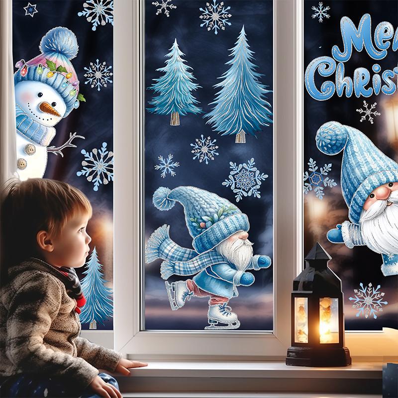 Snowman & Christmas Gnome Pattern Window Sticker, 9 Sheets set Merry Christmas Themed Window Decal, Decorative Sticker for Home Party Festival