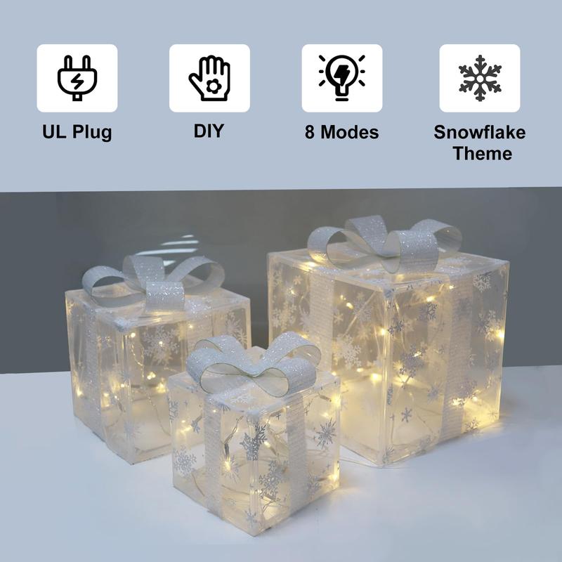 PEMOTech Large Christmas Lighted Gift Boxes Set of 3 LED Ornaments for Christmas Tree and Home Yard Decoration Removable Snowflake Decor