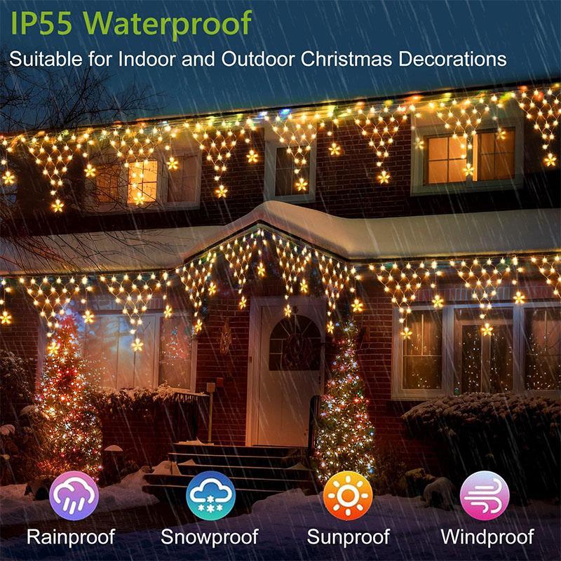 Solar Powered Christmas String Light, Dimmable Curtain Fairy Light with 8 Modes & Timer, IP55 Waterproof LED String Light for Wedding Party Holiday Decor