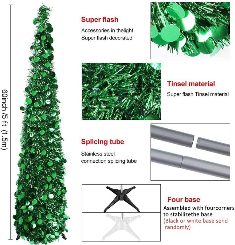 PartyTalk 5ft Pop Up Christmas Tree with Stand, Silver Tinsel Collapsible Artificial Christmas Tree for Holiday Christmas Home Decorations Ornaments