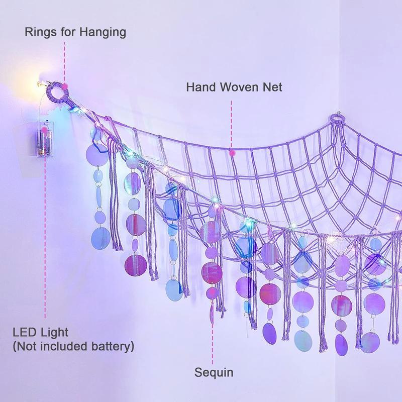 LED Lighted Stuffed Hammock Net Storage - Purple Sequins Wall Hanging for Girls' Room Decor Mirror