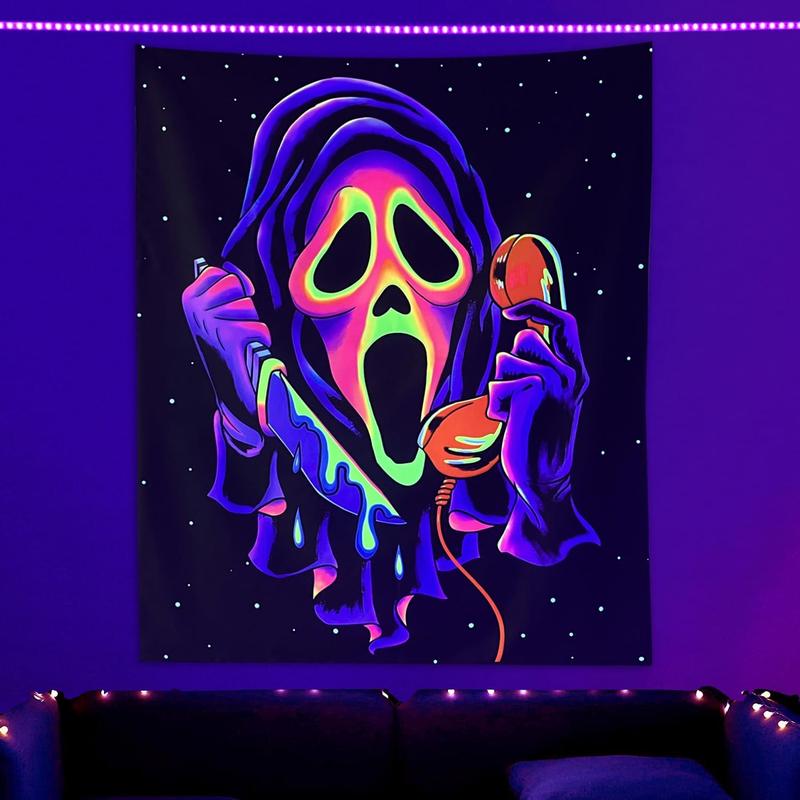 Horror Ghost Face Blacklight Tapestry, UV Reactive Tapestries Wall Hanging, Glow in The Dark Party Backdrop Tapestry for Bedroom, Living Room