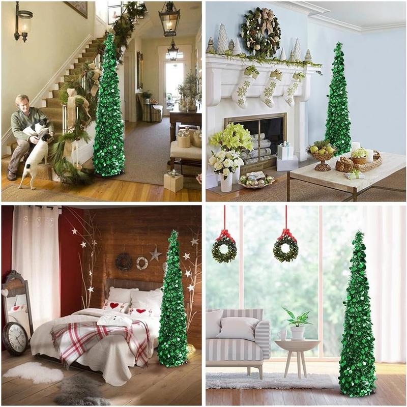 PartyTalk 5ft Pop Up Christmas Tree with Stand, Silver Tinsel Collapsible Artificial Christmas Tree for Holiday Christmas Home Decorations Ornaments