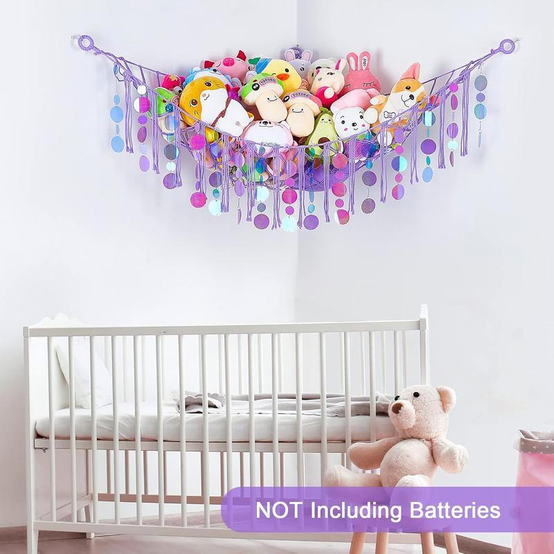 LED Lighted Stuffed Hammock Net Storage - Purple Sequins Wall Hanging for Girls' Room Decor Mirror