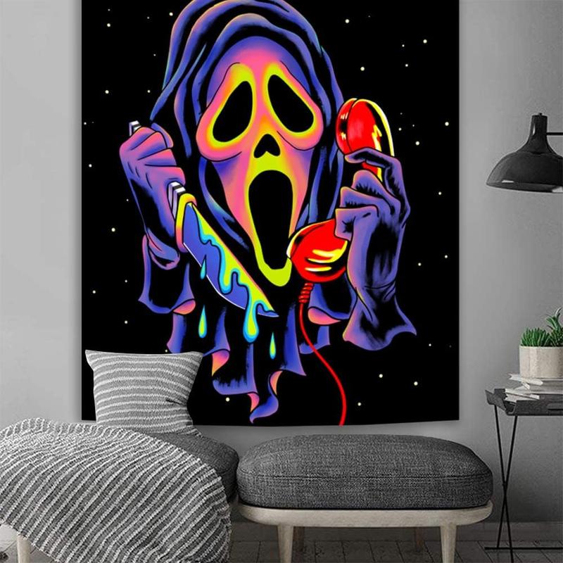 Horror Ghost Face Blacklight Tapestry, UV Reactive Tapestries Wall Hanging, Glow in The Dark Party Backdrop Tapestry for Bedroom, Living Room