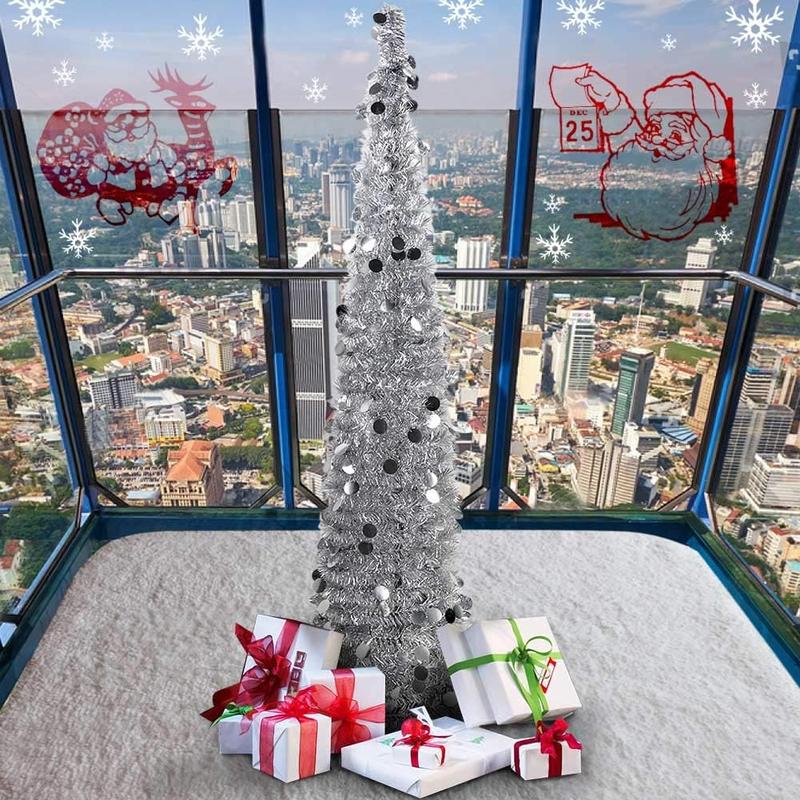 PartyTalk 5ft Pop Up Christmas Tree with Stand, Silver Tinsel Collapsible Artificial Christmas Tree for Holiday Christmas Home Decorations Ornaments