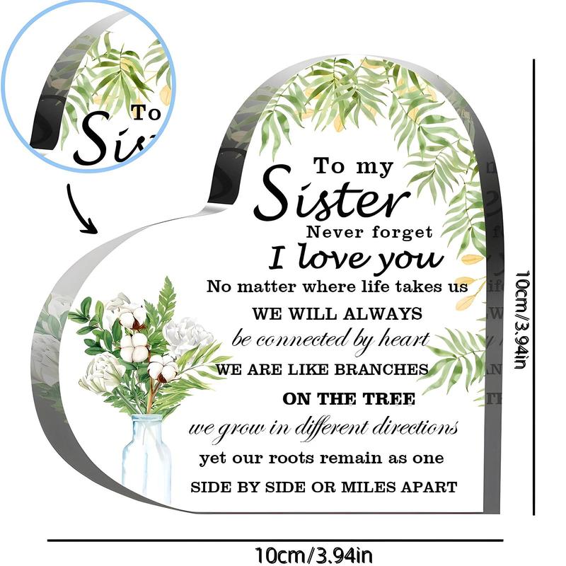 Heart Shaped Acrylic Plaque, 1 Count Sister Gift, Desktop Decoration Sign, Home Decor Supplies for Living Room Bedroom, Gift for Sister