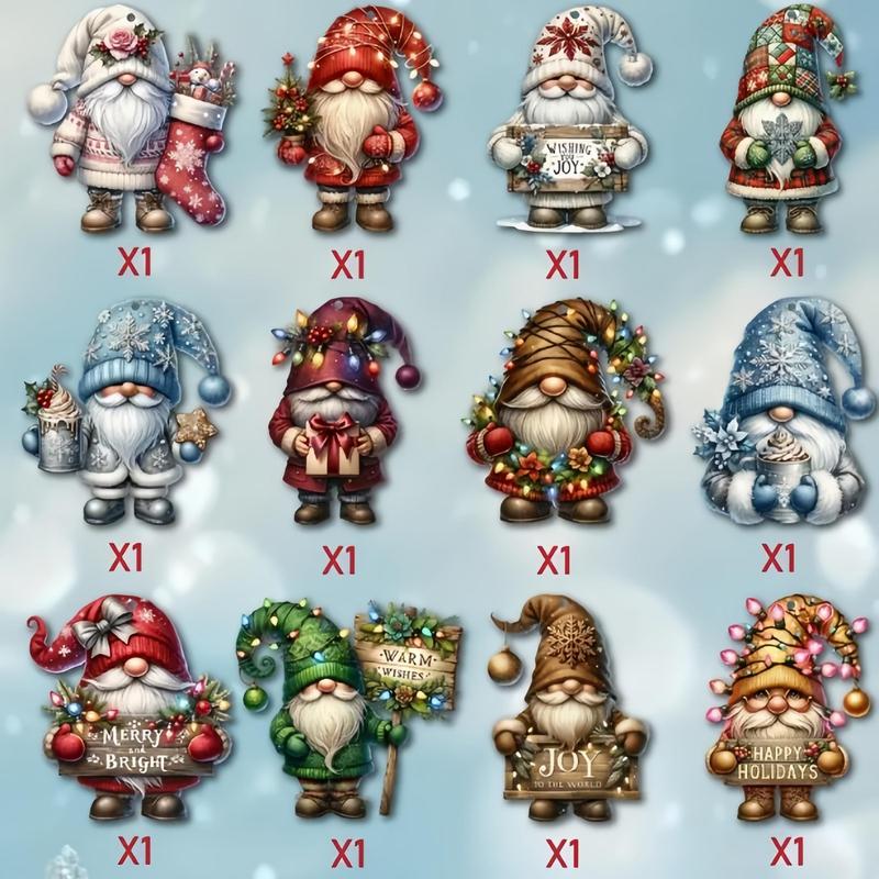 Wooden Christmas Elf Ornament, 12pcs set Cute Santa Claus Design Hanging Ornament, Holiday Decoration for Tree & Home