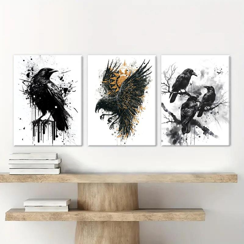 Crow Pattern Canvas Painting with Frame, 3 Counts set Modern Wall Art Painting, Wall Decor for Home Living Room Bedroom Office