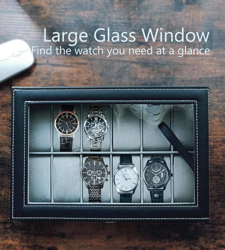 Watch Box, 12-Slot Watch Case for Dad, Husband Watch Box Organizer with Glass Lid, Men Watch Display Case with Removable Pillows, Father's Day Gift Watch Holder Organizer