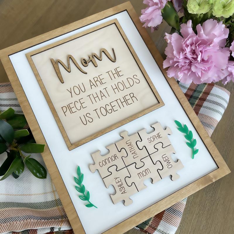 Personalized Puzzle Piece Mom Gift Sign Custom Mothers Day Gift Wall Decor Family Keepsake Siblings Puzzle Wall Art Sign Parent Present