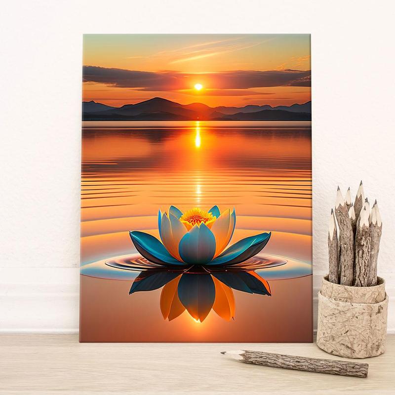 Lotus & Sunset Pattern Painting with Frame, 1 Count Waterproof Canvas Wall Art, Flower Pattern Wall Decor for Home Living Room Office