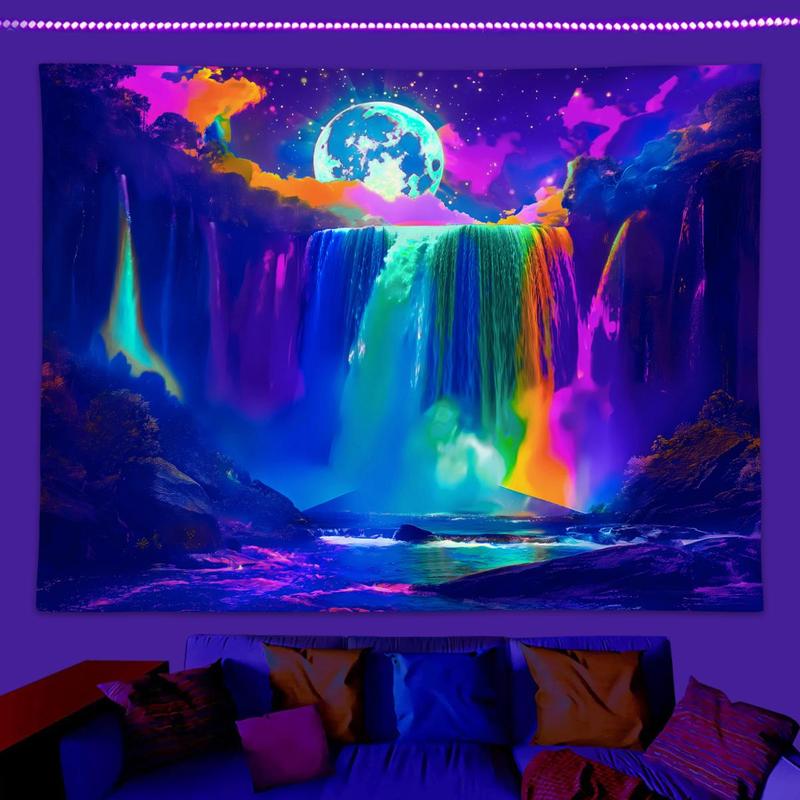 Moon & Waterfall Pattern Tapestry, 1 Count Colorful Fluorescent Ultraviolet Reaction Forest Pattern Tapestry, Wall Hanging for Home Living Room Bedroom Dormitory Office