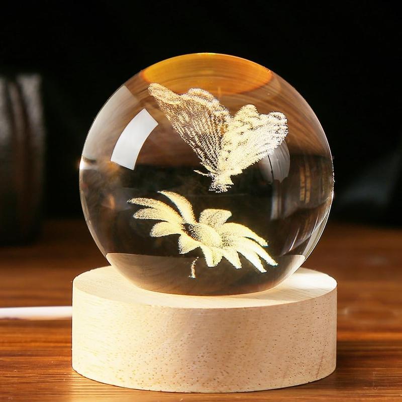 3D Butterfly Crystal Ball 60mm Gifts Ideas for Girlfriend Wife Mom Couple Her Butterfly on Sunflower in Glass Ball with Multicolor Lighting Base