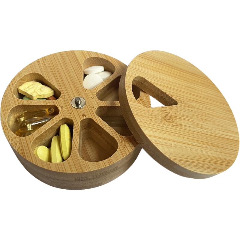 Bamboo Travel Size Wood Daily Weekly 7 Days Cute Vitamin Medicine Pill Organizer Case Box, Earring Ring Jewelry Storage Decorative Box